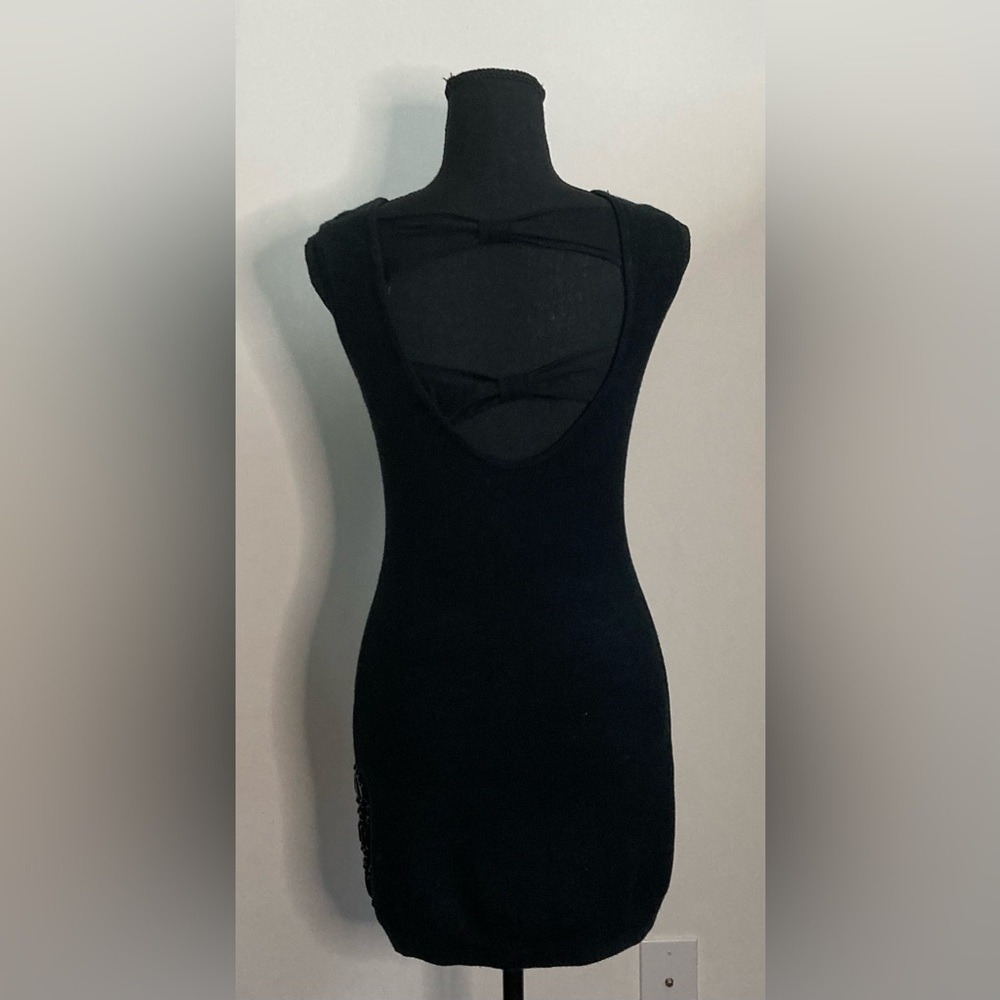 Bebe Black Studded Beaded Bodycon Mini Dress Open Back Bow Detail Sleeveless - Picture 8 of 10